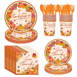 80 Pcs Thanksgiving Paper Plates and Napkins, Fall Disposable Dinnerware Set for 10 Guests, Includes Paper Plate Cup Napkin Spoon Knives Fork, Party Supplies for Thanksgiving, Fall Harvest