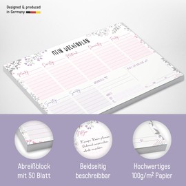 paper&you® A5 Weekly Planner Pad [Flowers] 50 Pages Including Notepad on the Back - Climate-Friendly and Sustainable