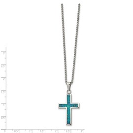 Auriga Fine Jewelry Stainless Steel Polished with Imitation Opal Small Cross Pendant on a Rolo Chain Necklace 22"