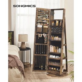 SONGMICS 360° Swivel Jewelry Cabinet, Lockable Jewelry Organizer with Full-Length Mirror, Rear Storage Shelves, Interior Mirror, Jewelry Armoire, Gift Idea, Rustic Brown UJJC006X01