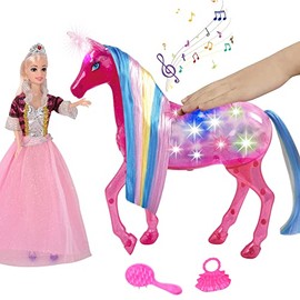 HAPITOIZ Doll House Playset for Girls, Dream Unicorn Doll & Princess Doll Playset, Large Unicorn Toy with Realistic Horse Sounds and Rainbow Lights