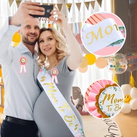 3 PCS Mom & Dad to Be Pin, Mom to Be Sash, Baby Shower Sash, Maternity Sash, Baby Shower Maternity Keepsake Gifts (Pink)