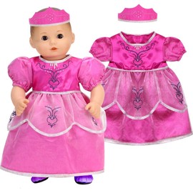 Sophia's 15" Baby Doll 2 pc. Embroidered Princess Dress and Crown, Hot Pink with Silver Trim