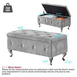 mikibama Velvet Storage Ottoman Benches for Bedroom End of Bed,Diamond Button Tufted Window Seating Bench,Cushioned Entryway Bench with Storage,Living Room Footrest with Metal Legs (Grey Velvet)