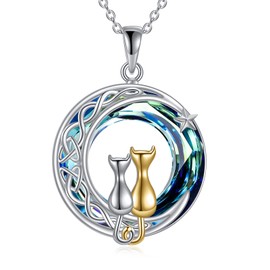 VONALA Celtic Moon Cat Necklace for Women Sterling Silver Two Cat Jewelry with Blue Circle Crystal Women Cat Gifts for Cat Lovers Birthday Gifts