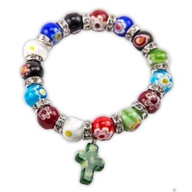 Nazareth Store Agate Colorful Flowers Beads Cross Bracelet Catholic Rosary Bangle Jerusalem Religious Christian Gifts for Boys Girls Jewelry for Women & Men
