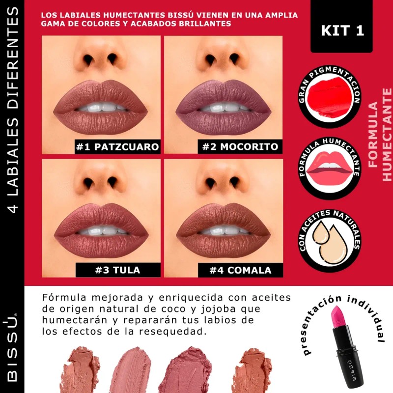 Labial Bissú Formula Humectante - Pack 4 Tonos