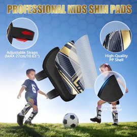 Shin Pads Boys - Certified Prüfengel Shin Pads Kids for Football, Suitable for kids aged 2-18 with 2 Adjustable Strap Fasteners, Football Shin Guards with Skin-Friendly Velvet Cloth (Black Gold, L)