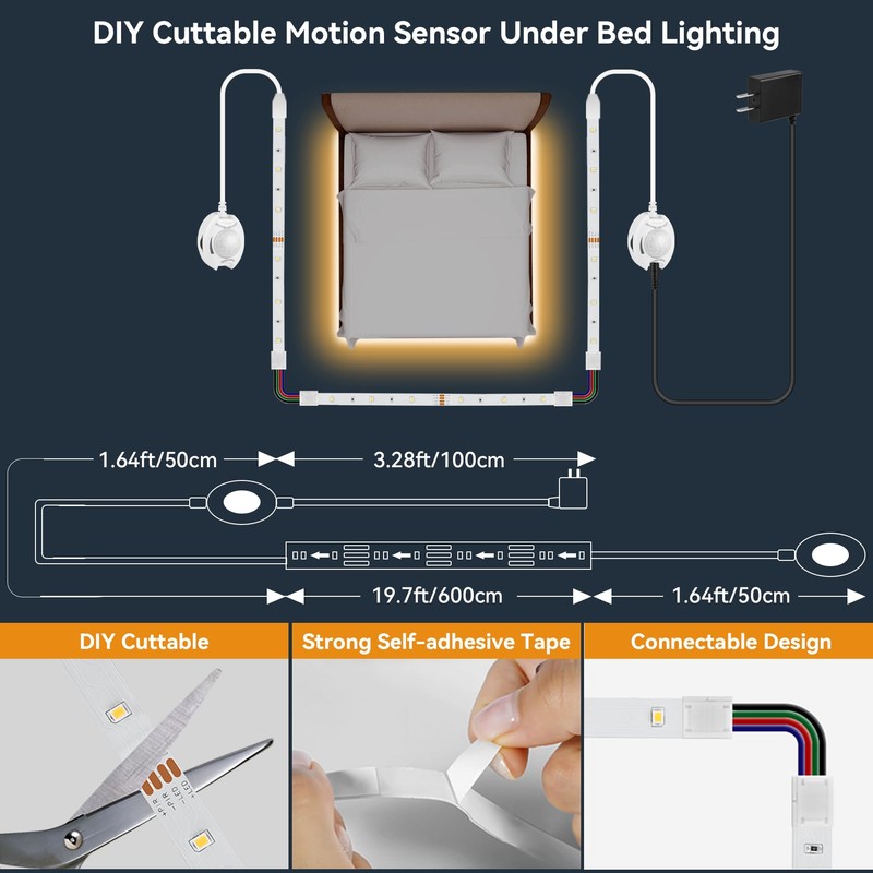 Dual Motion Sensor LED Light Strip 19.7ft Warm White for