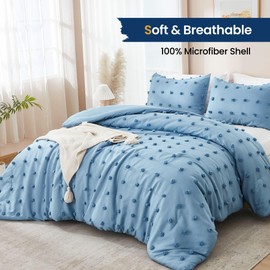 Paxrac Soothing Grayish Blue Comforter Set Queen Size, 3 Pieces Tufted Blue Bed Set, Lightweight Bedding Set, Soft and Fluffy Microfiber Comforter for All Seasons (90x90in Comforter & 2 Pillowcases)