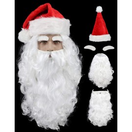 yuehong Long Curly White Wig Christmas Cosplay Wigs Santa Beard Eyebrows Set and Red Hat For Unisex Costume Hair Wig
