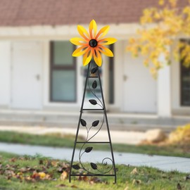 Glitzhome 44”H Windmill Yard Stake, Yellow Flower Wind Spinner Garden Ornament Windmill for Yard Weather Vane for Outdoor Metal Windmill Decor
