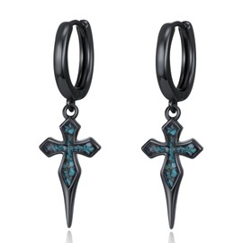 Midir&Etain Cross Drop Earrings for Men Women 925 Sterling Silver Black Punk Earring with Turquoise Gothic Jewellery Birthday Mother's Day Gift for Wife Mother, small, Sterling Silver, Turquoise
