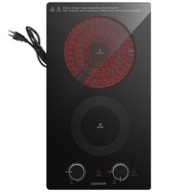 12 Inch Electric Cooktop with 2 Burner,110V-120V, 1800W,Plug in Electric Stove Top,Countertop & Built-in,Glass Radiant Cooktop with 2 Knob & Touch Control,Auto Shutdown,Residual Heat Warning