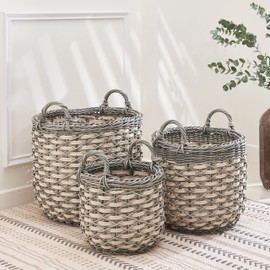 Set of 3 CATLEZA 12.6-inch, 15-inch and 17.7-inch Stackable Hand Woven Wicker Storage and Laundry Basket with Handles - Gray and Brown