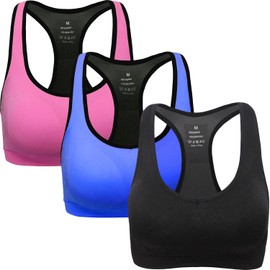 ANGOOL Women's Sports Bra Padded High Impact Racerback Comfy Yoga Workout Bra, M Fit 32DD 32E 34D 34DD 36BC 38BC, Black+blue+rose