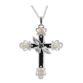 Antiqued Dove Cross Pendant Necklace, Sterling Silver, 12k Rose and Green Black Hills Gold 18 and 20 Inches