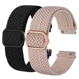 BISONSTRAP 2 Pack Braided Nylon Watch Bands, Upgrade Adjustable Buckle, Stretchy Loop Straps for Men and Women, 20mm, Black+Pink