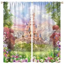 Kids Girl Children's Room Curtain Fairy Tale World Princess Castle Flower Garden for Living Room Bedroom Decor Printed Blackout Rod Pocket Window Drapes 42x45in