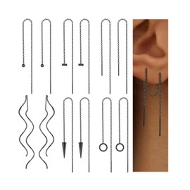 ORAZIO 6 Pairs Stainless Steel Chain Tassel Earrings for Women Lightweight Wave Threader Ball Dangle Drop Minimalist Chain Earrings Set Black Plated