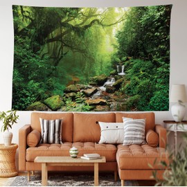 Ambesonne Tapiz de bosque lluvioso, bosque en Nepal sendero, planta de primavera y piedras con impresión de agua húmeda, amplia pared para colgar para recámara, sala de estar, recámara, 80 pulgadas x 60 pulgadas, color verde café