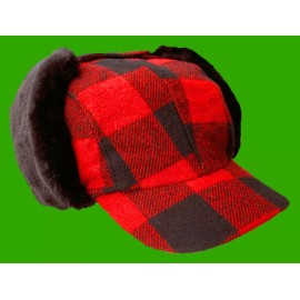 WILDERNESS WOOLIES North Woods Hat Ear-Flaps Red-Black Wool Buffalo Plaid Lumberjack SMALL - S