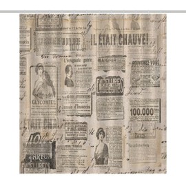 Newspaper Vintage Shower Curtains for Bathroom, Retro Yellowed French Art Old Historic Journal Paper Lettering Print Decor Bath Drapes Set with Hooks, Waterproof Fabric Windows Treatment, 66x72in