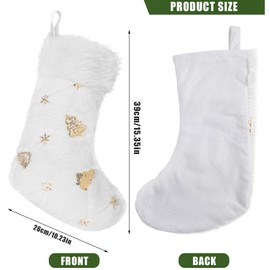 DIYASY 4PCS White Christmas Stockings,18 Inch Large Plush Faux Fur Xmas Stocking with Golden Christmas Tree Sequin Glitter Hanging Stocking for Christmas Tree Wall Fireplace Home Decoration