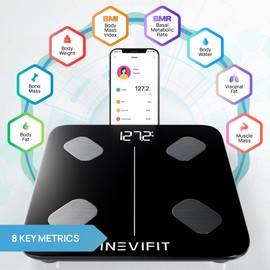 INEVIFIT Smart Body Fat Scale, Highly Accurate Bluetooth Digital Bathroom Body Composition Analyzer, Measures Weight, Body Fat, Water, Muscle, Visceral Fat & Bone Mass for Unlimited Users (Eco-Blk)