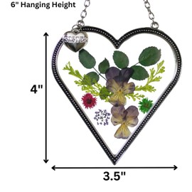 Sister Suncatcher - Heart Shaped Sun Catcher with Pressed Dried Flowers Between Glass and Sister Heart Charm - Birthday - Special Occasion - Indoor Window Décor - 6" Hanging Height