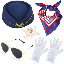 YANGSHINE Women's Flight Attendant Costume Accessories Stewardess Cosplay Outfits with Air Hostess Hat Sunglasses Scarf Gloves Pins (Navy)