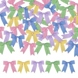 Meseey 50 Pcs Gingham Ribbon Bows with Twist Tie 2.5" Pink Purple Blue Yellow Green and White Buffalo Check Premade Bows for Gift Wrapping Basket Wedding Baby Shower Brithday Party (Spring)