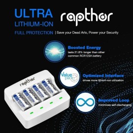 Rapthor RCR123A Rechargeable Batteries 750mAh 8 Pack with Charger