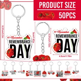 50 Pcs Poppy Keychain for Memorial Day Red Poppy Flower Gifts Bulk Acrylic Remembrance Supplies Party Favors for Women Men