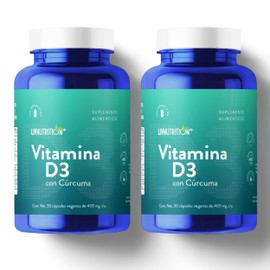 Liv Nutrition | Vitamina D3 Suplemento alimenticio a base de Cúrcuma, Vitamina D3 y Estearato de magnesio con 60 Cápsulas de 400 mg | Pack 2 frascos con 30 capsulas cada uno | 2 meses de rendimiento | 100% Natural, Vegano y Sin gluten | Suplemento Alimen