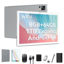 Android 14 Tablet WIFI6 Octa-Core 2 in 1 Tablet with Keyboard, Large Storage 8GB RAM (4+4 Virtual) + 64GB ROM+512GB Expandable, 7000 mAh Battery Tablet 10.1 Inch Screen, Bluetooth/Case/Mouse Android 2-in-1 - Color: Silver