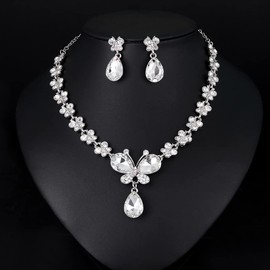 Octwine Crystal Rhinestones Butterfly Bridal Necklace Earrings Set Jewelry Set for Women Necklace Dangle Earrings Set Wedding Party Jewelry for Women (Butterfly)