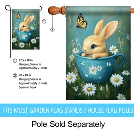 Morigins Easter Bunny Garden Flag Double Sided Daisy Floral Cute Rabbit in Teacup Butterfly for Outside Welcome Spring Holiday House Flag 28×40 inch