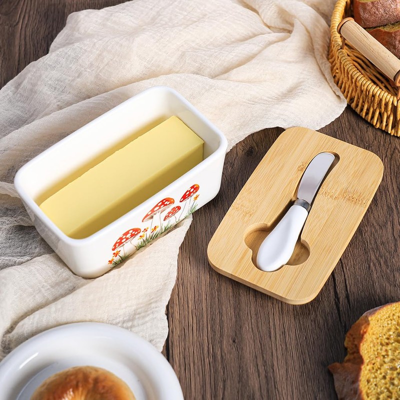 WAIT FLY Mushroom Ceramic Butter Dish with Bamboo Lid and