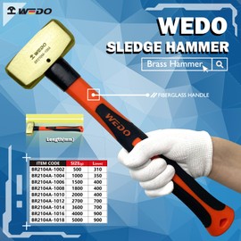 WEDO Brass Sledge Hammer 3 lb, Club Hammer with Fiberglass Handle, Drilling Hammer, Crack Hammer, Die-Forge, Corrosion Resistant, DIN Standard, 14" Length
