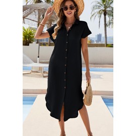 Uvog Swim Coverups for Women 2025 Button Up Kimono Long Bathing Suit Cover Up Dress Black L