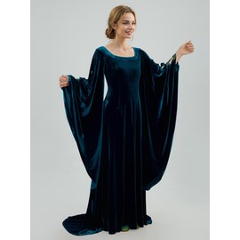 daizbella Renaissance Dress Women Retro Velvet Gown Vintage Medieval Costume Historical Celtic Dress with Wide Sleeves Blue