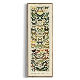 Framed Canvas Wall Art for Bedroom - Long Vertical 13.5 x 40 Above the Bed - Vintage Farmhouse French Country Room Decor - Panoramic Butterfly Millot Papillons Oil Painting - Cottagecore Aesthetic