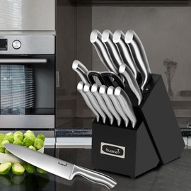 Kuisine Premium Knife Set,One Piece Molding High Carbon Stainless Steel Sharper Blade Ergonomic Non-slip Handle,Kitchen Block Knife Set Chef Knife Block Set with Built-in Sharpener(Black, 15PCS)