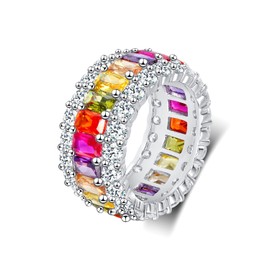 18K White Gold Plated Engagement Promise Wedding Eternity Ring for Women, Sparkling Colorful Cubic Zirconia Rings Size 7