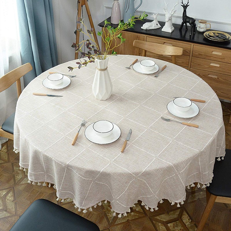 Heavy Weight Cotton Linen Tablecloth, Plaid Tassel Round Table Cover