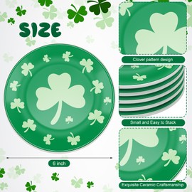 SiliFine 6 Pcs 6 Inch St. Patrick's Day Ceramic Decorative Plate Irish Shamrock Tableware Plate Leaf Clover Display Plate for St. Patrick's Celebration, Dinner Party, Wedding(Green)