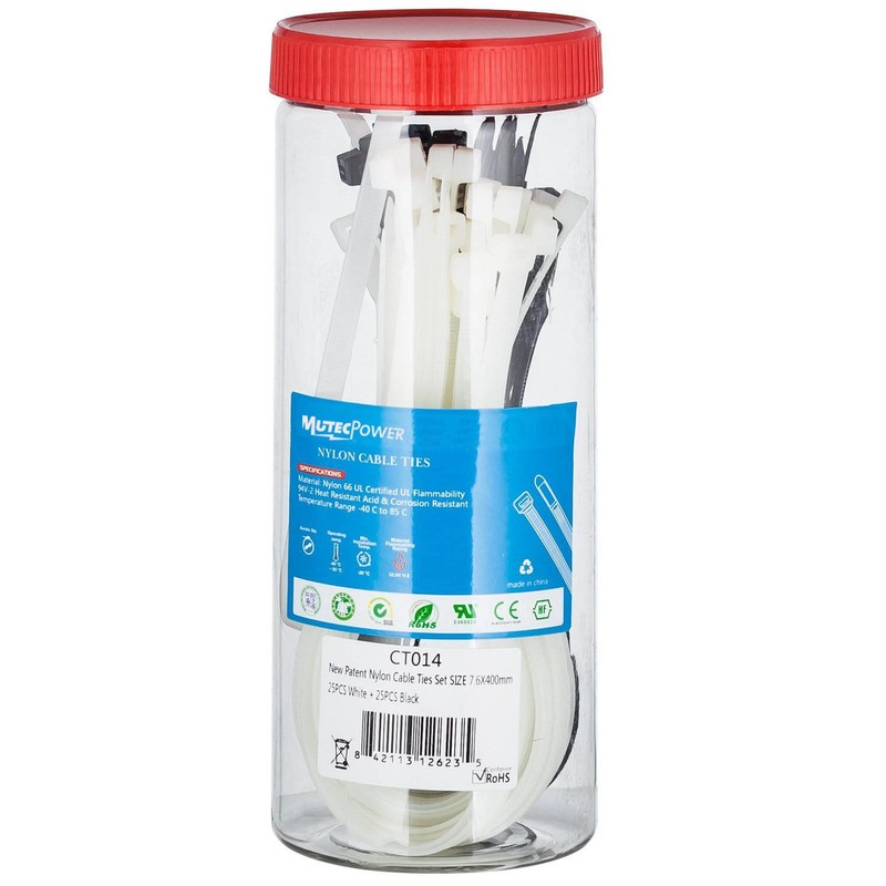 MutecPower Cable Ties 50 cm Long Black & White Nylon