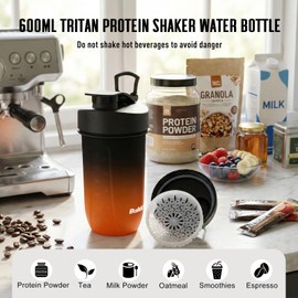 BuildLife Shaker Bottle 2 Pack, 600ML Tritan Protein Shaker Water Bottle, Shakes Cup with Strainer for Protein Powder Supplement Smoothie Quiet Mixing, Dishwasher Safe (BlackBlue+BlackOrange)