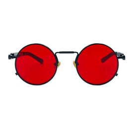 Inlefen Round Vintage Men's Metal Circle Sunglasses Women Men Sunglasses UV400 Protection, Black Red C4
